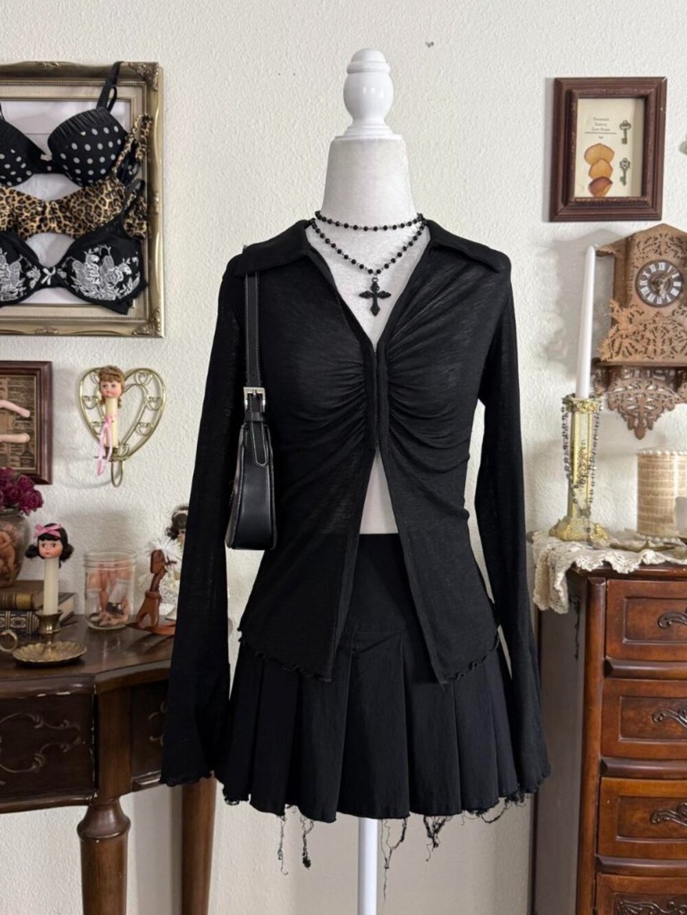 Y2k witchy dark fairy grunge goth sheer mesh black flare sleeve blouse w split f